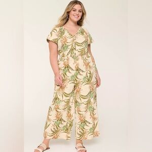 NWT Lane Bryant Smocked-Neck Button Jumpsuit Tropical Floral Wide Leg 22 24